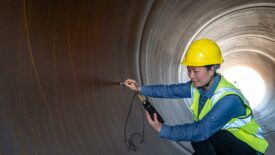A female engineer using an instrument to measure inside a pipe.
