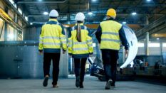 Shot of Three Engineers Walking Through a Heavy Industry Manufacturing Factory. In the Background Welding Work in Progress, Various Metalwork, Pipeline/ Barrel Components.