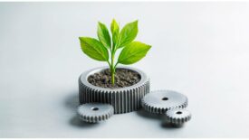 Large silver grooved gear containing dirt and a green plant, with three smaller gears connected to it.