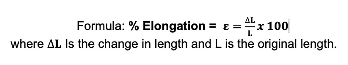 Formula of percent elongation to see if sample stretches from original length under applied load.