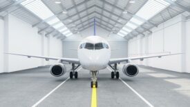 Airplane in a hangar at airport.