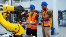 Two engineers wearing orange safety vests, safety glasses and blue hard hats, analyzing robotic arm performance in a factory setting.