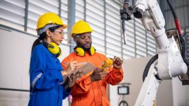 Female engineer and a male technician investigate the problem of the operation of the robot arm in the factory.