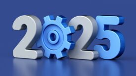 2025 text with gear icons symbolizing innovation, progress, and technology development on blue background, 3d rendering