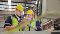 A young male and young female engineer looking at a clipboard A young male and young female engineer in hardhats and safety vests, looking at a clipboard in a warehouse.
