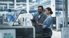 Male Industrial Engineer And Female Manager Using Laptop And Talking At Electronics Factory. The man is using a soldering jet printer.