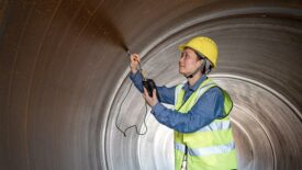 A female engineer in a hardhat and safety vest uses a hardness tester to test steel inside the steel pipe