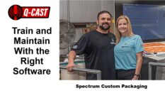 The Pereiras posing next to packaging equipment at Spectrum Custom Packaging